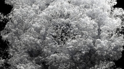 3d render of art, black and white monochrome, surreal video with abstract liquid substance in explosion process based on small dust balls spheres particles with plastic material on black background