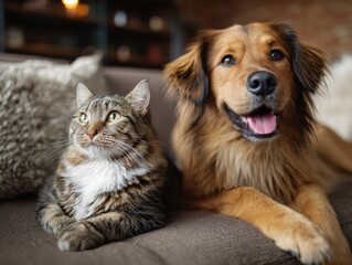 Two pets, a cat and a dog, relaxing together on a sofa in a cozy living room 