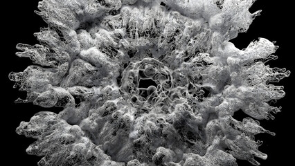3d render of art, black and white monochrome, surreal video with abstract liquid substance in explosion process based on small dust balls spheres particles with plastic material on black background