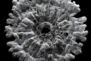 3d render of art, black and white monochrome, surreal  with abstract liquid substance in explosion process based on small dust balls spheres particles with plastic material on black background
