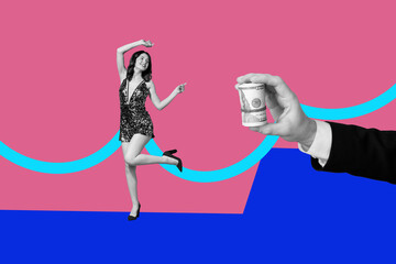 Full 3d art banner collage of happy businesswoman businessman stand hand offer dollar roll...