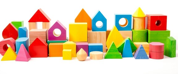 Vibrant wooden blocks & shapes, educational playset on white ,  blocks,  bright