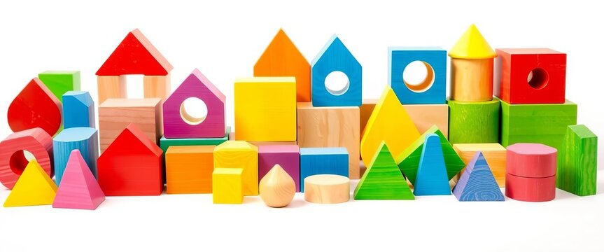 Vibrant wooden blocks & shapes, educational playset on white ,  blocks,  bright