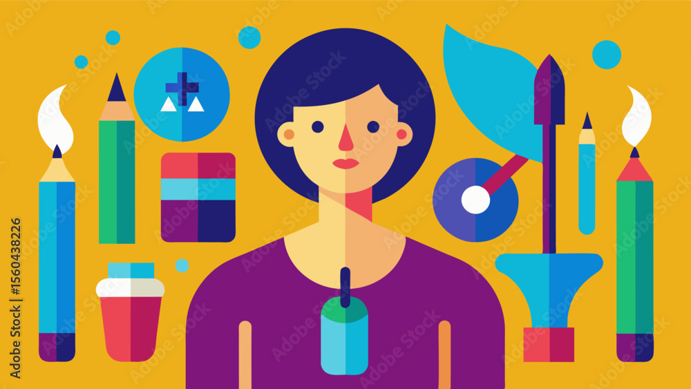 Poster a person surrounded by different art supplies such as paintbrushes pencils and markers each one repr