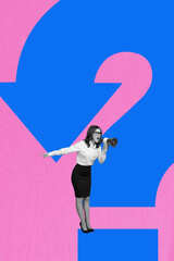 3d image vertical art collage of angry girl scream megaphone arrow question mark promote...