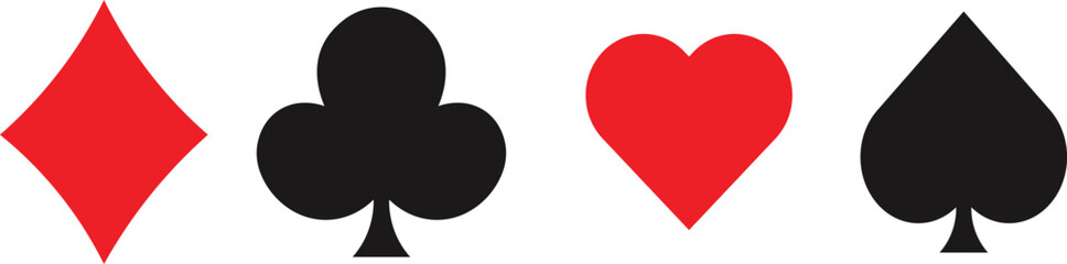 Classic Playing Card Suits Icons – Red Diamond, Black Club, Red Heart, and Black Spade Symbols – Vector Graphic for Game Design, Casino Themes, Poker Art, and Print Use
