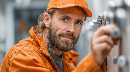 Smiling worker in orange coveralls adjusting control panel inside industrial plant