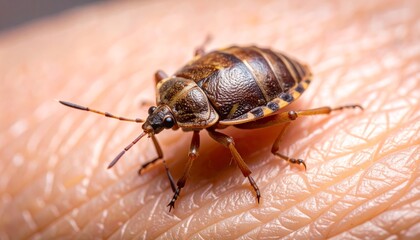 Obraz premium Close-up, highly detailed macro photo of a bedbug on human skin, showing the insect’s textured body, legs gripping skin, tiny hairs, and natural skin pores, with sharp focus and natural lighting