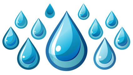 Collection of glistening blue water drops in various sizes and arrangements against a white background