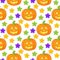Halloween seamless pattern. Cute vector seamless pattern with Halloween illustrations. Cute and funny cartoon characters pumpkin, ghost, cat, bat, balloon, spider.
