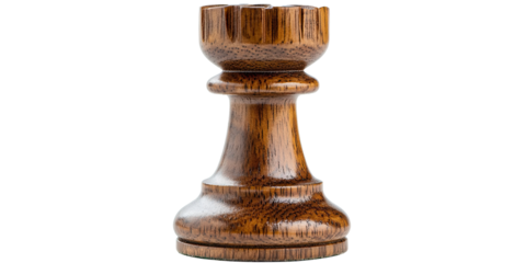Wooden chess rook piece dark wood carved tower castle game isolated on white transparent background