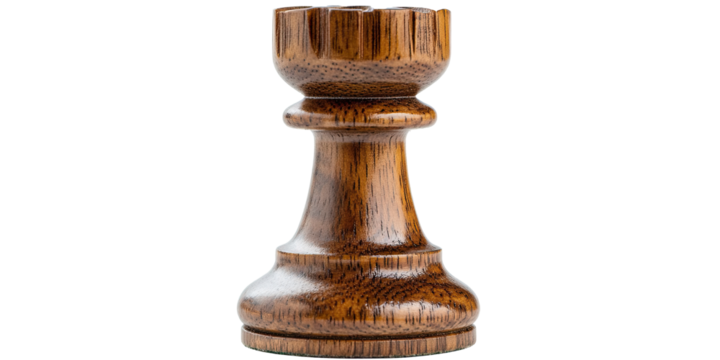 Wooden chess rook piece dark wood carved tower castle game isolated on white transparent background