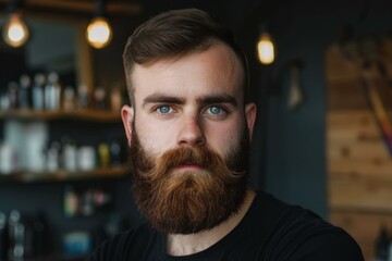 Obraz premium Close up portrait of a bearded man with striking blue eyes inside a barbershop, showcasing his stylish facial hair