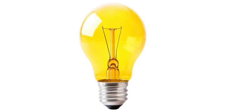 Yellow glowing light bulb incandescent lamp bright idea innovation isolated on white transparent background
