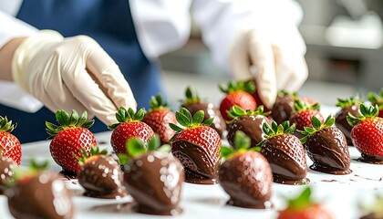 Chocolate covered strawberries being prepared by gloved hands Fresh red strawberries dipped in dark chocolate