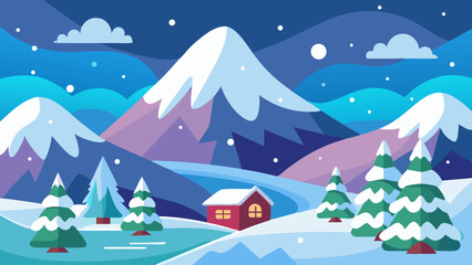 Cozy red cabin nestled in a snowy mountain landscape with pine trees and falling snowflakes under a twilight sky