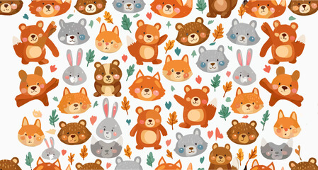 Seamless vector pattern with adorable cartoon animals, including bears, rabbits, and foxes