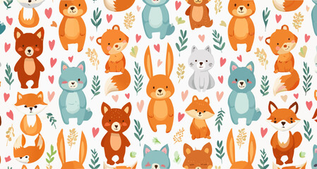 Seamless vector pattern with adorable cartoon animals, including bears, rabbits, and foxes