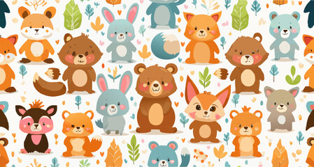 Seamless vector pattern with adorable cartoon animals, including bears, rabbits, and foxes