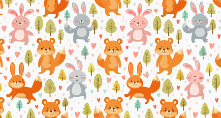 Seamless vector pattern with adorable cartoon animals, including bears, rabbits, and foxes