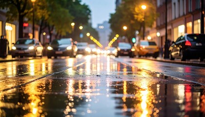 Obraz premium Rainy City Street at Night with Puddle and Street Lights Illuminated