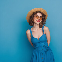 Happy young woman in a blue dress and straw hat smiling at the camera against a blue background with copy space, a summer fashion concept.