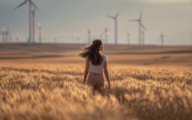 A woman stands in the middle of an open field, surrounded by wind turbines and wheat fields. She wears casual attire with long hair flowing behind her as she walks towards the camera.
