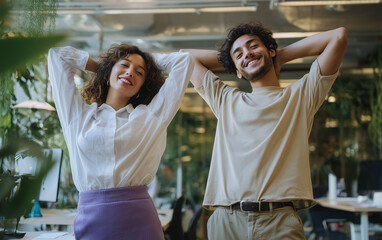 A photograph of two young, happy Latin people stretching their arms in an office with green plants and natural light. 