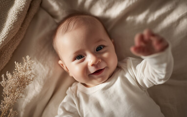 A cute baby lying on the bed, smiling and waving their hand in joy. The background is beige linen with some dried grass, and the baby is wearing a white long-sleeved onesie.