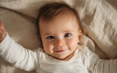 Cinematic photograph of an adorable baby girl, smiling and making the peace sign with her hand, wearing cream-colored , on a beige linen fabric background. 