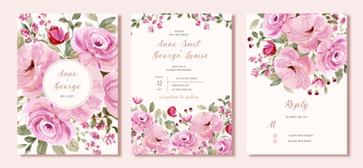 wedding invitation set with beautiful pink floral watercolor background