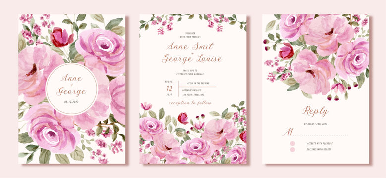 wedding invitation set with beautiful pink floral watercolor background