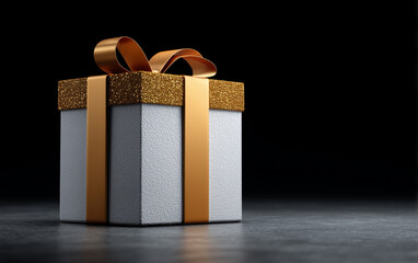 A gift box with silver and gold ribbons, on a black background, photorealistic, high-resolution photography, an insanely detailed wide-angle shot, a stock photo, professional color grading,