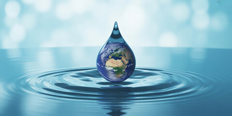 A Water Drop Shaped Like Earth Falling into Calm Blue Water Creating Ripples