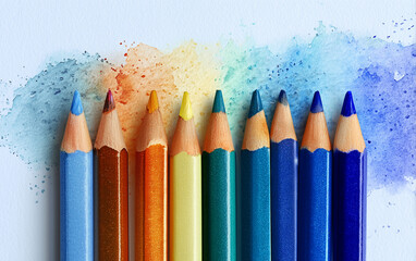 Colorful crayons on a white background, with a color palette of blue, green, orange, and yellow, showcasing the various shades created by drawing lines with each crayon. 