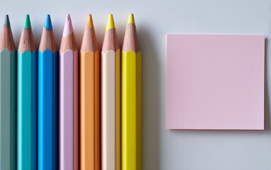 A set of pastel-colored pencils and Post-it notes on a white background, symbolizing creativity in writing or graphic design. The colors should include soft pinks, blues, greens, yellows, 