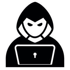 Black Silhouette of Hooded Hacker Using Laptop Computer, Icon