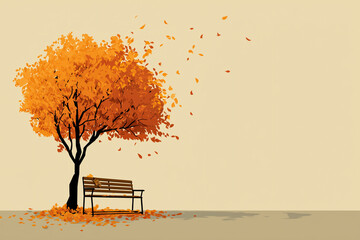 Autumn Park With a Lone Bench Under a Vibrant Orange Tree and Falling Leaves