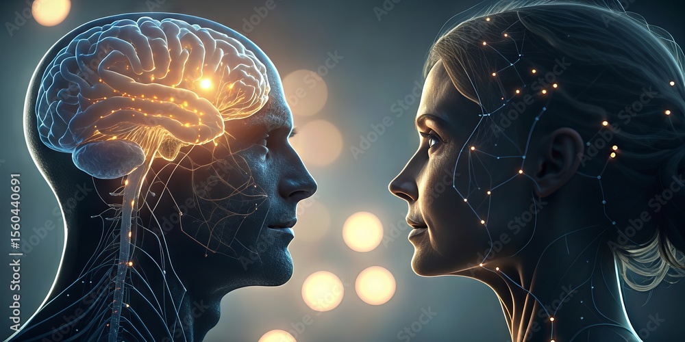 Poster two human profiles facing each other, overlaid with neural network and brain imagery symbolizing cog