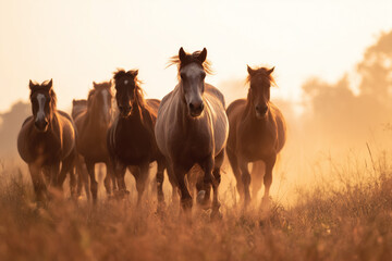 Obraz premium Wild Horses Galloping Through Golden Mist at Sunset in a Serene Natural Landscape