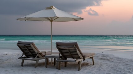 Serene Beach Setting with Lounge Chairs and Umbrella During Sundown Near Calm Ocean Waves