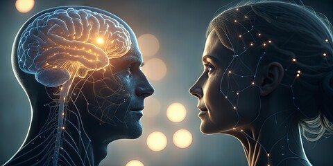 Two human profiles facing each other, overlaid with neural network and brain imagery symbolizing cognition, connection, and artificial intelligence.