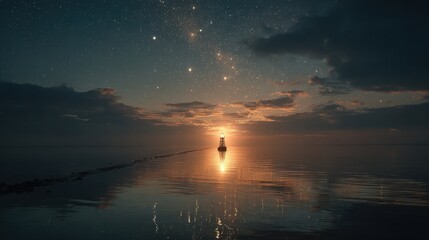 Sailing at night under the Milky Way, with a small sailboat illuminated by soft red light, creating a calm, serene, and peaceful ocean atmosphere