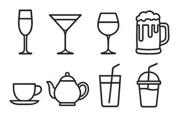 Festive drink line icons set – minimal, beverage and cocktail outline symbols