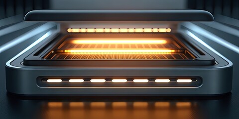 Obraz premium A sleek, futuristic electric oven with glowing heating elements emits warm light inside a modern kitchen appliance.