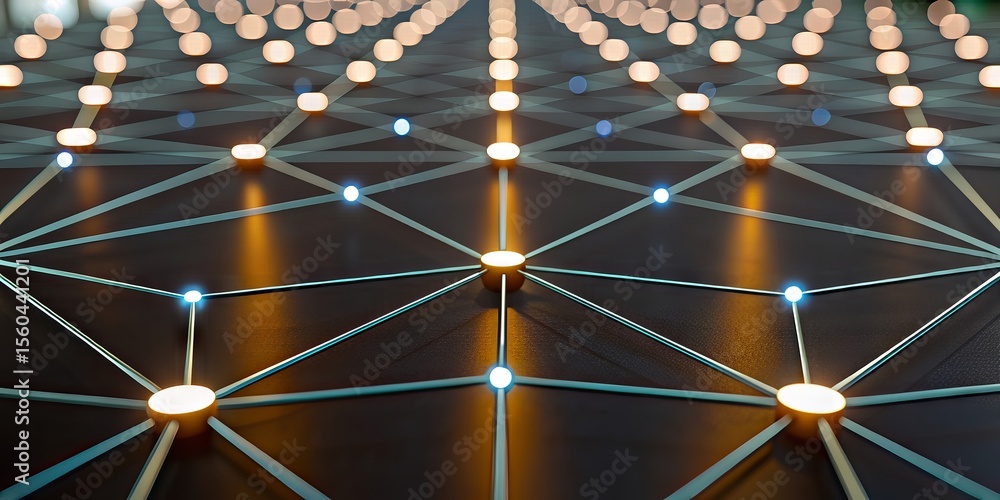 Poster A futuristic network grid with glowing nodes connected by illuminated lines, symbolizing digital connectivity and data exchange in technology.