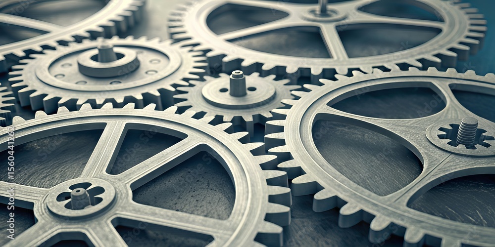 Aufkleber interlocking metal gears and cogs of various sizes create a complex, precise mechanical system, symb