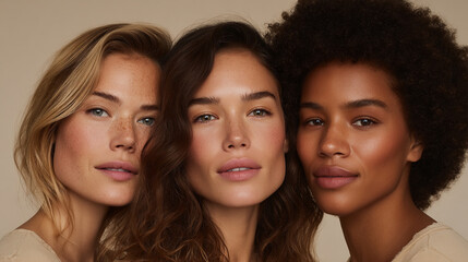 Fototapeta premium Portrait of three beautiful young women of different skin tones High-end beauty campaign, soft warm lighting, clean beige studio background