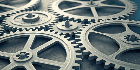 Interlocking metal gears and cogs of various sizes create a complex, precise mechanical system, symbolizing engineering, machinery, and industrial design.