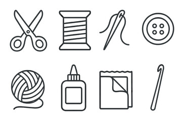 Craft supplies icons set – outline, diy and hobby art symbols for creative projects